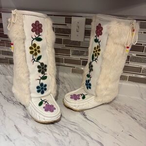 Mukluks Rosa Scribe Custom handmade Indigenous Art Beaded rabbit fur